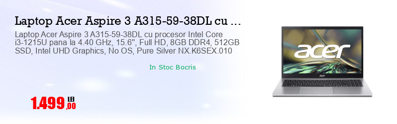 Laptop Acer Aspire 3 A315-59-38DL cu procesor Intel Core i3-1215U pana la 4.40 GHz, 15.6'', Full HD, 8GB DDR4, 512GB SSD, Intel UHD Graphics, No OS, Pure Silver NX.K6SEX.010