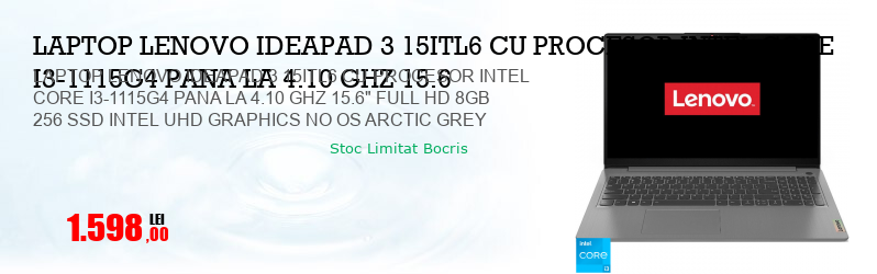 LAPTOP LENOVO IDEAPAD 3 15ITL6 CU PROCESOR INTEL CORE I3-1115G4 PANA LA 4.10 GHZ 15.6" FULL HD 8GB 256 SSD INTEL UHD GRAPHICS NO OS ARCTIC GREY
