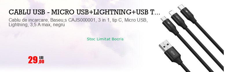 Cablu de incarcare, Baseu,s CAJS000001, 3 in 1, tip C, Micro USB, Lightning, 3,5 A max, negru
