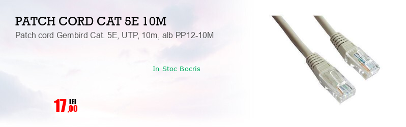 Patch cord Gembird Cat. 5E, UTP, 10m, alb PP12-10M