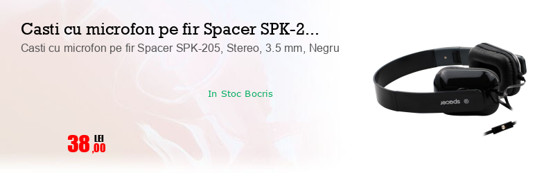 Casti cu microfon pe fir Spacer SPK-205, Stereo, 3.5 mm, Negru