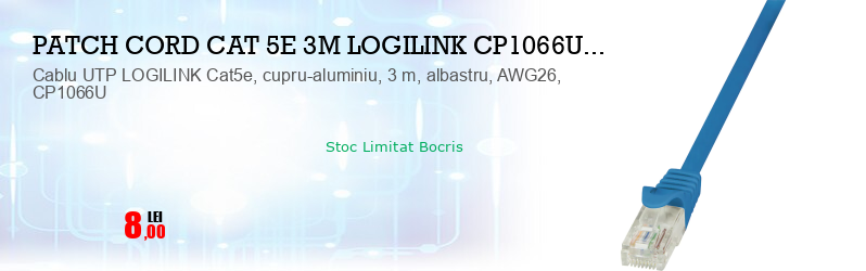Cablu UTP LOGILINK Cat5e, cupru-aluminiu, 3 m, albastru, AWG26, CP1066U