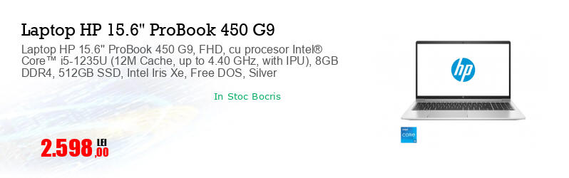 Laptop HP 15.6'' ProBook 450 G9, FHD, cu procesor Intel® Core™ i5-1235U (12M Cache, up to 4.40 GHz, with IPU), 8GB DDR4, 512GB SSD, Intel Iris Xe, Free DOS, Silver