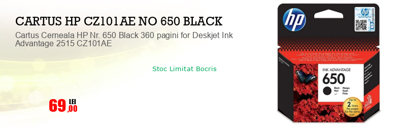 Cartus Cerneala HP Nr. 650 Black 360 pagini for Deskjet Ink Advantage 2515 CZ101AE
