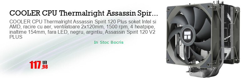 COOLER CPU Thermalright Assassin Spirit 120 Plus soket Intel si AMD, racire cu aer, ventilatoare 2x120mm, 1500 rpm, 4 heatpipe, inaltime 154mm, fara LED, negru, argintiu, Assassin Spirit 120 V2 PLUS