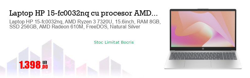 Laptop HP 15-fc0032nq, AMD Ryzen 3 7320U, 15.6inch, RAM 8GB, SSD 256GB, AMD Radeon 610M, FreeDOS, Natural Silver