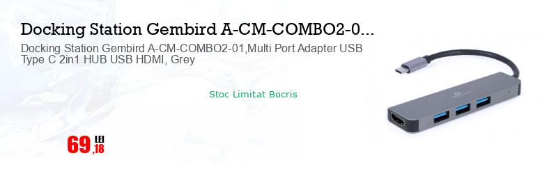 Docking Station Gembird A-CM-COMBO2-01,Multi Port Adapter USB Type C 2in1 HUB USB HDMI, Grey