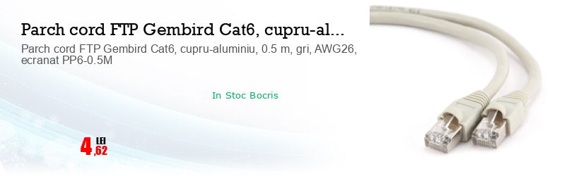 Parch cord FTP Gembird Cat6, cupru-aluminiu, 0.5 m, gri, AWG26, ecranat PP6-0.5M