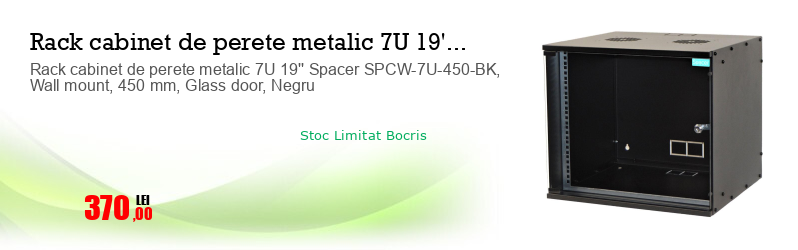 Rack cabinet de perete metalic 7U 19'' Spacer SPCW-7U-450-BK, Wall mount, 450 mm, Glass door, Negru