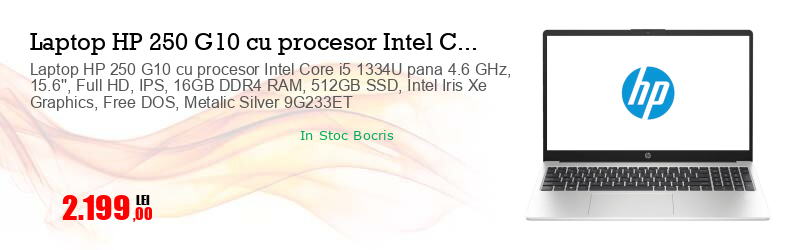 Laptop HP 250 G10 cu procesor Intel Core i5 1334U pana 4.6 GHz, 15.6'', Full HD, IPS, 16GB DDR4 RAM, 512GB SSD, Intel Iris Xe Graphics, Free DOS, Metalic Silver 9G233ET