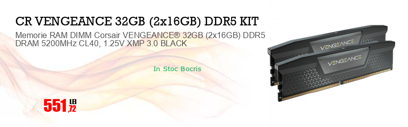 Memorie RAM DIMM Corsair VENGEANCE® 32GB (2x16GB) DDR5 DRAM 5200MHz CL40, 1.25V XMP 3.0 BLACK
