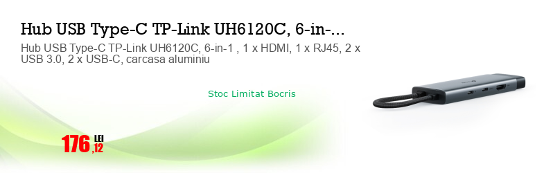 Hub USB Type-C TP-Link UH6120C, 6-in-1 , 1 x HDMI, 1 x RJ45, 2 x USB 3.0, 2 x USB-C, carcasa aluminiu