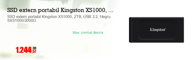 SSD extern portabil Kingston XS1000, 2TB, USB 3.2, Negru SXS1000/2000G