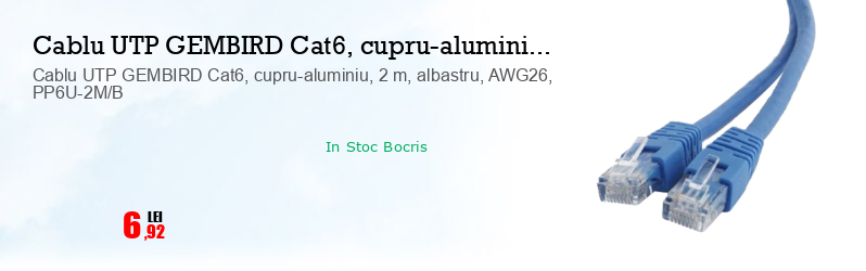 Cablu UTP GEMBIRD Cat6, cupru-aluminiu, 2 m, albastru, AWG26, PP6U-2M/B