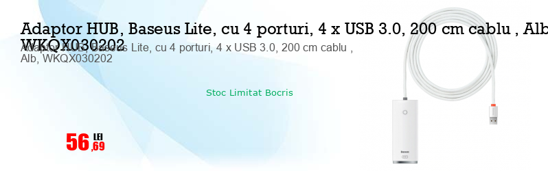 Adaptor HUB, Baseus Lite, cu 4 porturi, 4 x USB 3.0, 200 cm cablu , Alb, WKQX030202